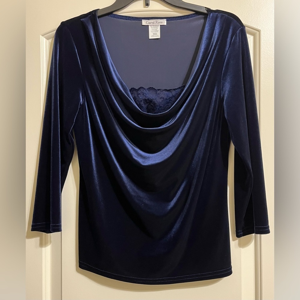 Carol Rose Women’s Dark Blue Velveteen Cowl Neck Lace Pullover Blouse Top Small